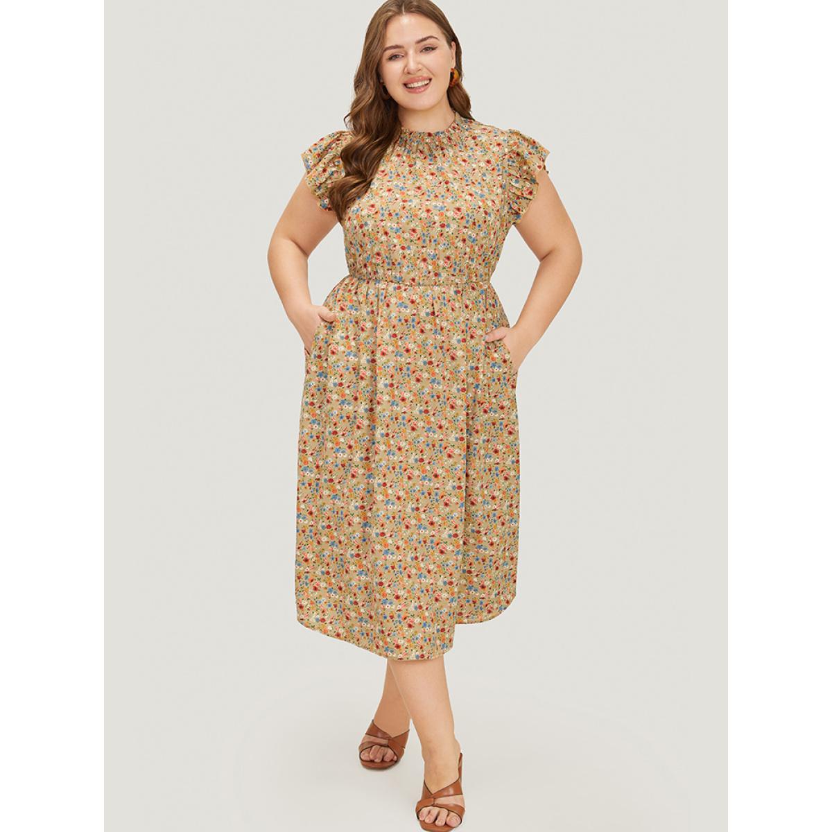 Plus Size Ditsy Floral Ruffle Sleeve Pocket Frill Trim Mock Neck Dress Tan Women Elegant Pocket Mock Neck Half Sleeve Curvy Midi Dress BloomChic 22-24/3X Product Image