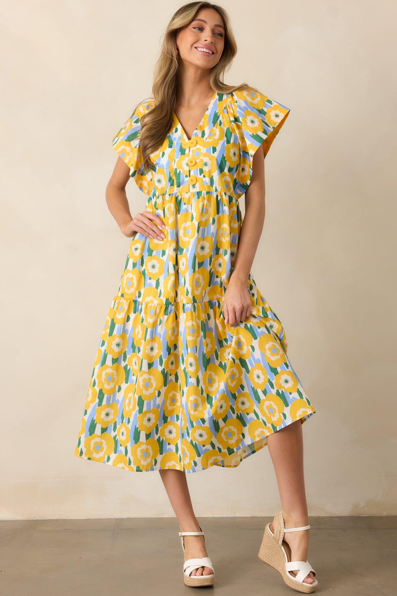 Daisy Date Night Yellow Floral Cotton Midi Dress Product Image