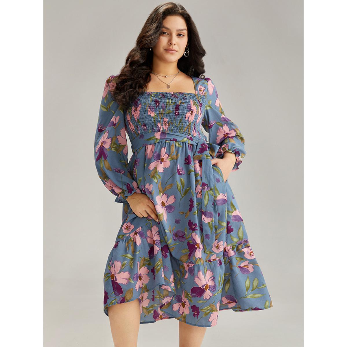 Plus Size Floral Print Puff Sleeve Belted Shirred Dress Stone Women Elegant Elastic cuffs Square Neck Long Sleeve Curvy Midi Dress BloomChic 22-24/3X Product Image