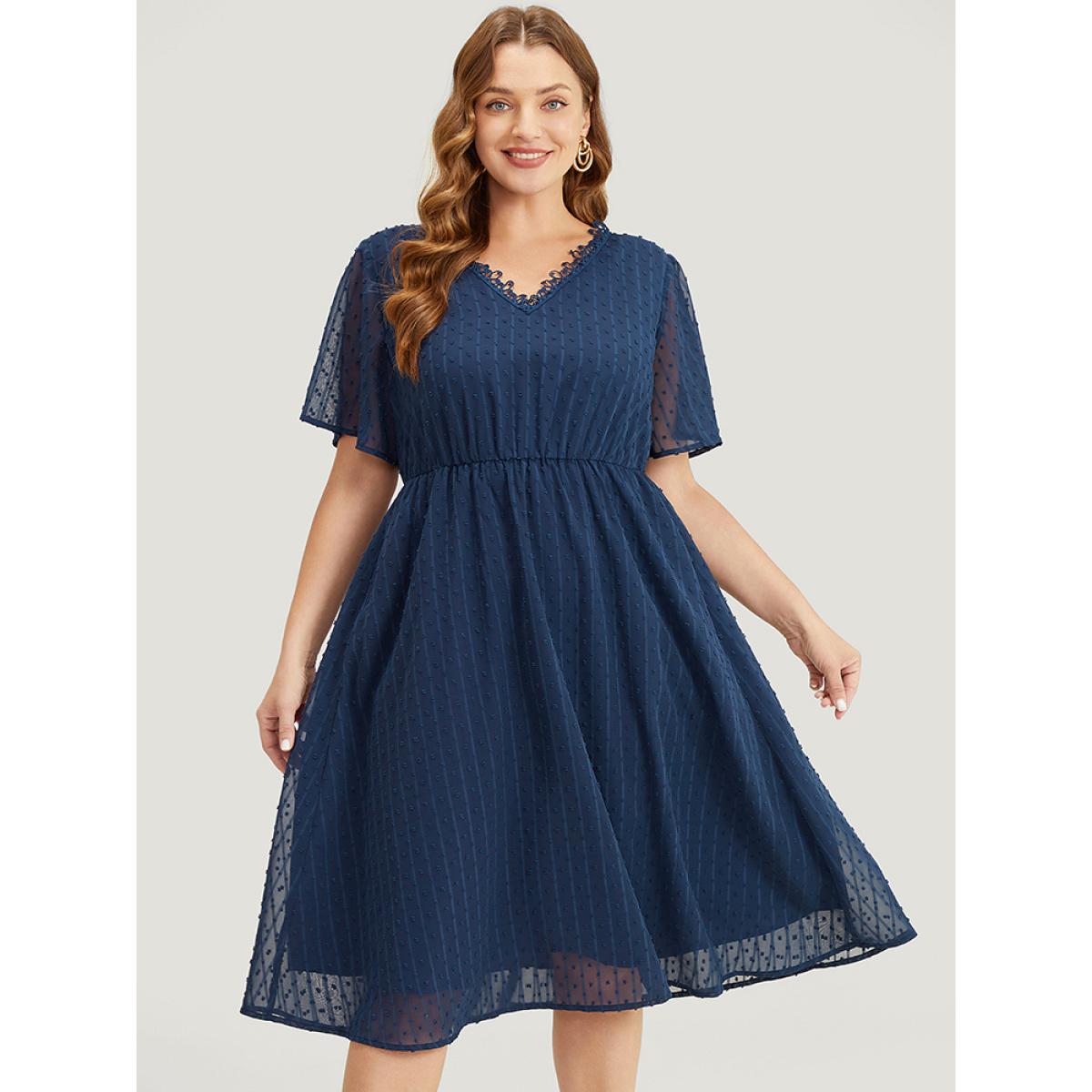 Plus Size Polka Dot Mesh Ruffle Sleeve Lace Trim Pocket Belted Dress Navy Women Elegant See through V-neck Short sleeve Curvy Midi Dress BloomChic 28/5X Product Image