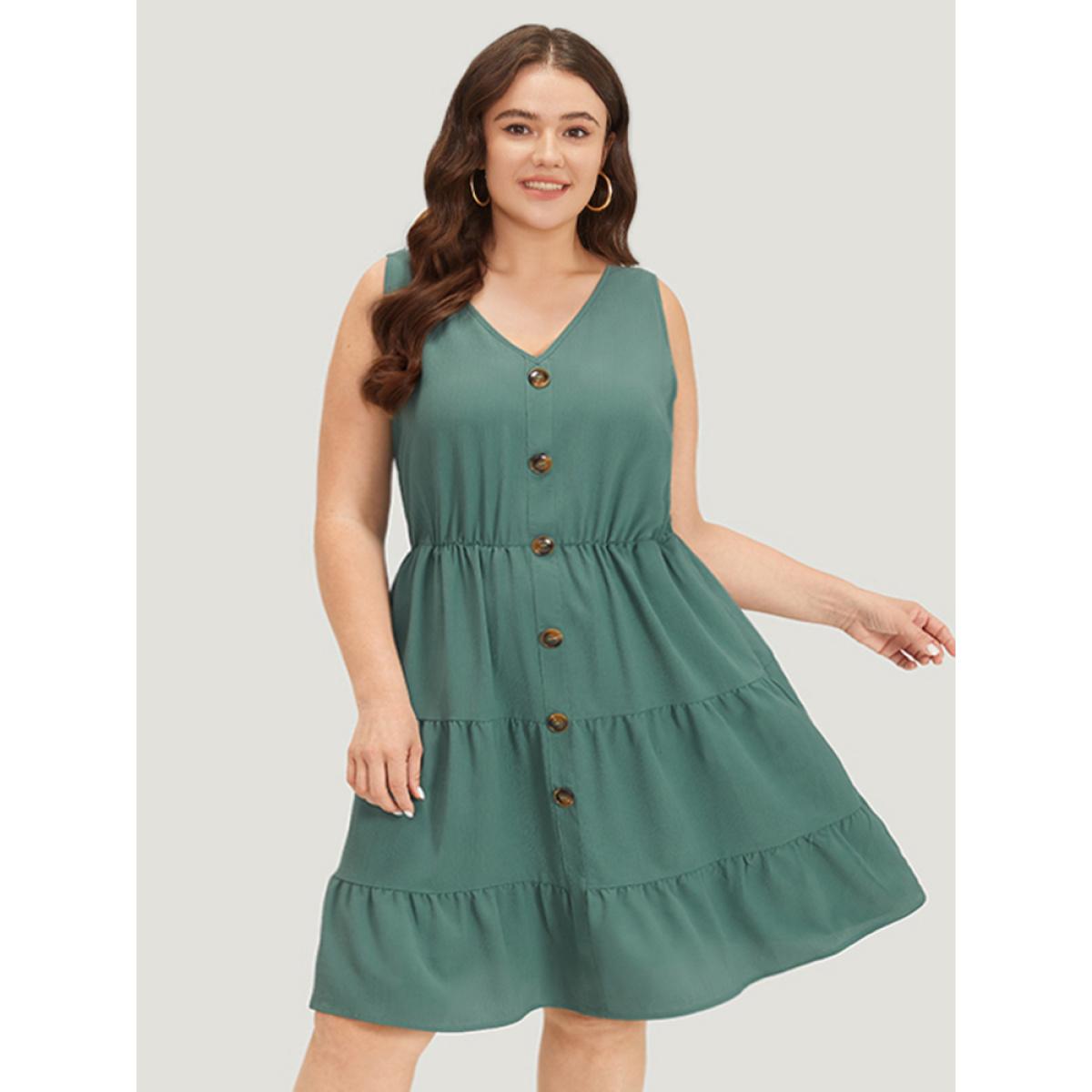 Plus Size Plain Button Detail Ruffle Layered Hem Gathered Tank Dress Teal Women Elegant Patchwork V-neck Sleeveless Curvy Knee Dress BloomChic 14-16/1X Product Image