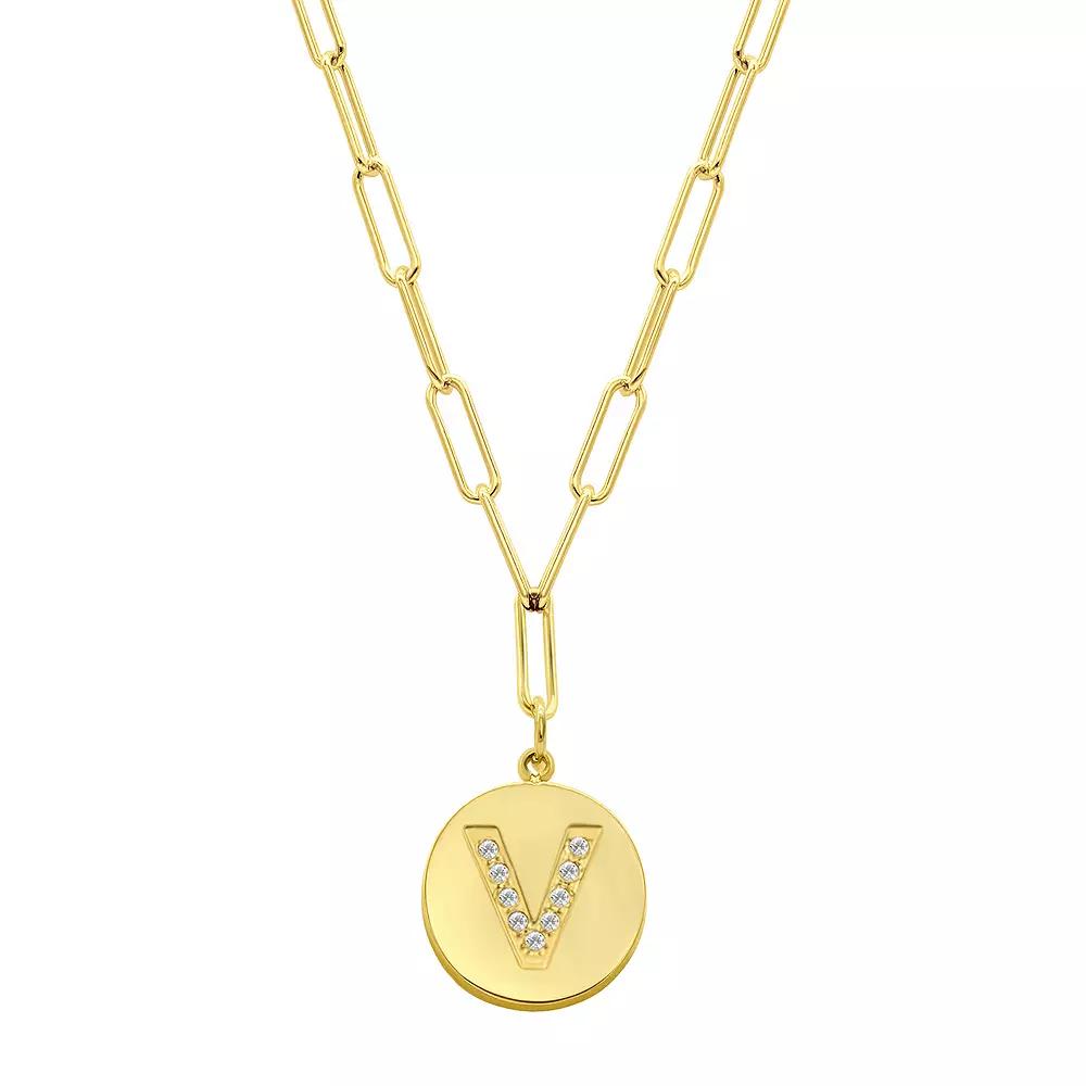 Adornia Gold Tone Adjustable Cubic Zirconia Initial Disc Pendant Paperclip Necklace, Women's, Size: 16-18" ADJ, V Product Image