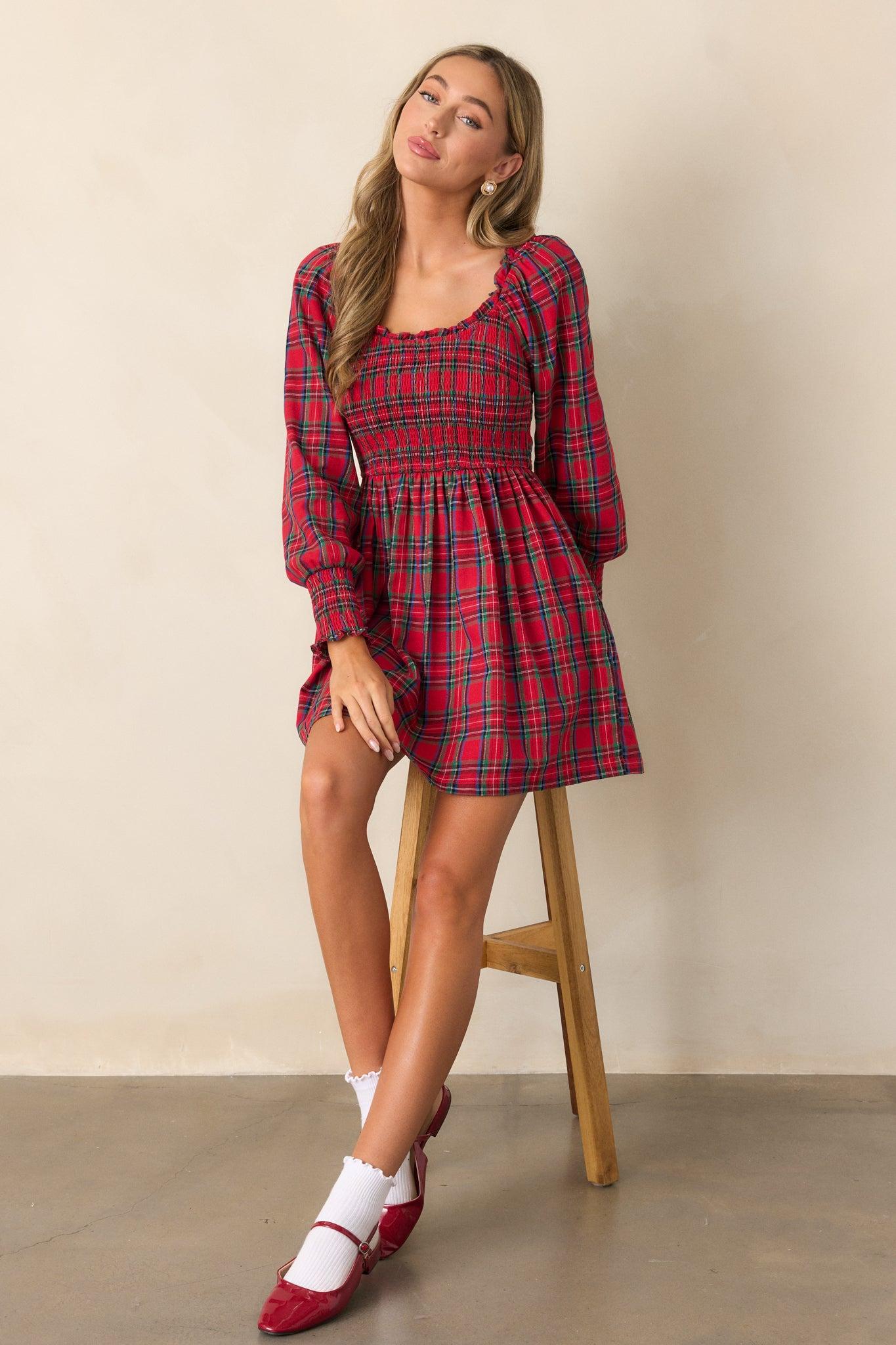 Dance With Me Cotton Red Plaid Long Sleeve Mini Dress Product Image