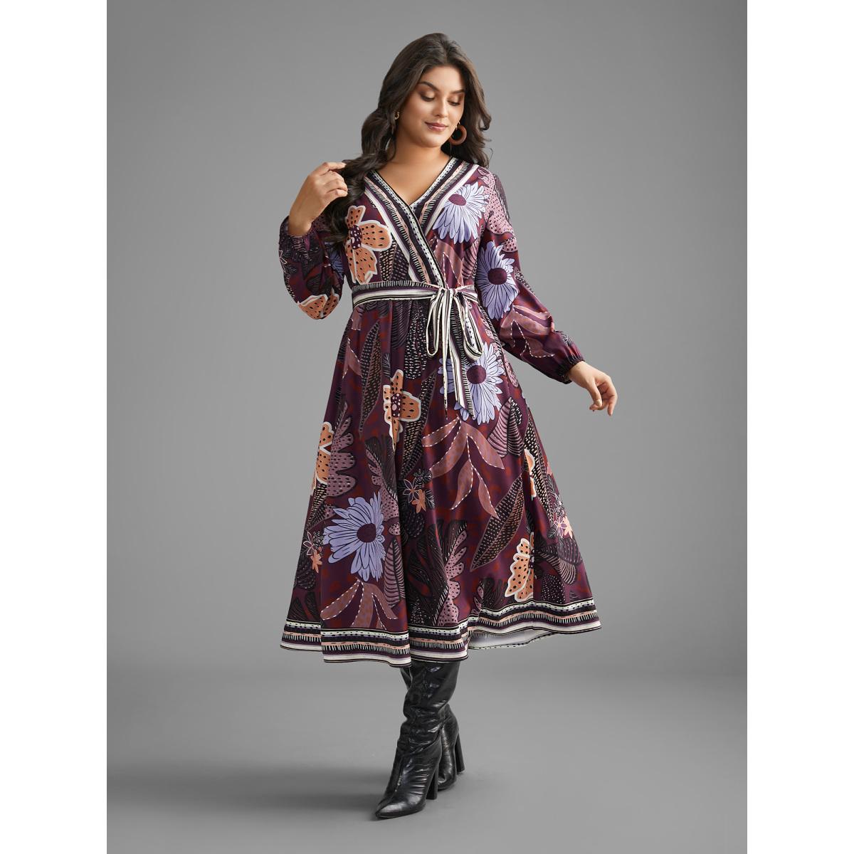 Plus Size Boho Print Belted Lantern Sleeve Dress Deeppurplered Women Resort Belted Overlap Collar Long Sleeve Curvy BloomChic 26/4X Product Image