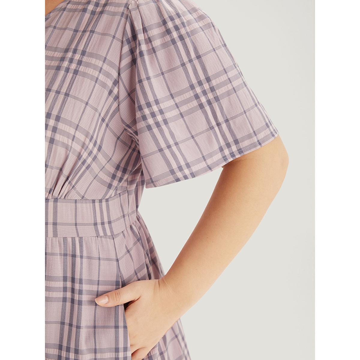 Plus Size Plaid V Neck Gathered Ruffle Sleeve Dress Lavender Women Elegant Gathered V-neck Short sleeve Curvy Midi Dress BloomChic 26/4X Product Image