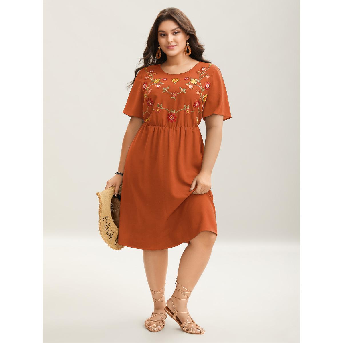 Plus Size Floral Embroidered Waist-Cinched Midi Dress Burgundy Women Boho Round Neck Short sleeve Curvy BloomChic 10/M Product Image