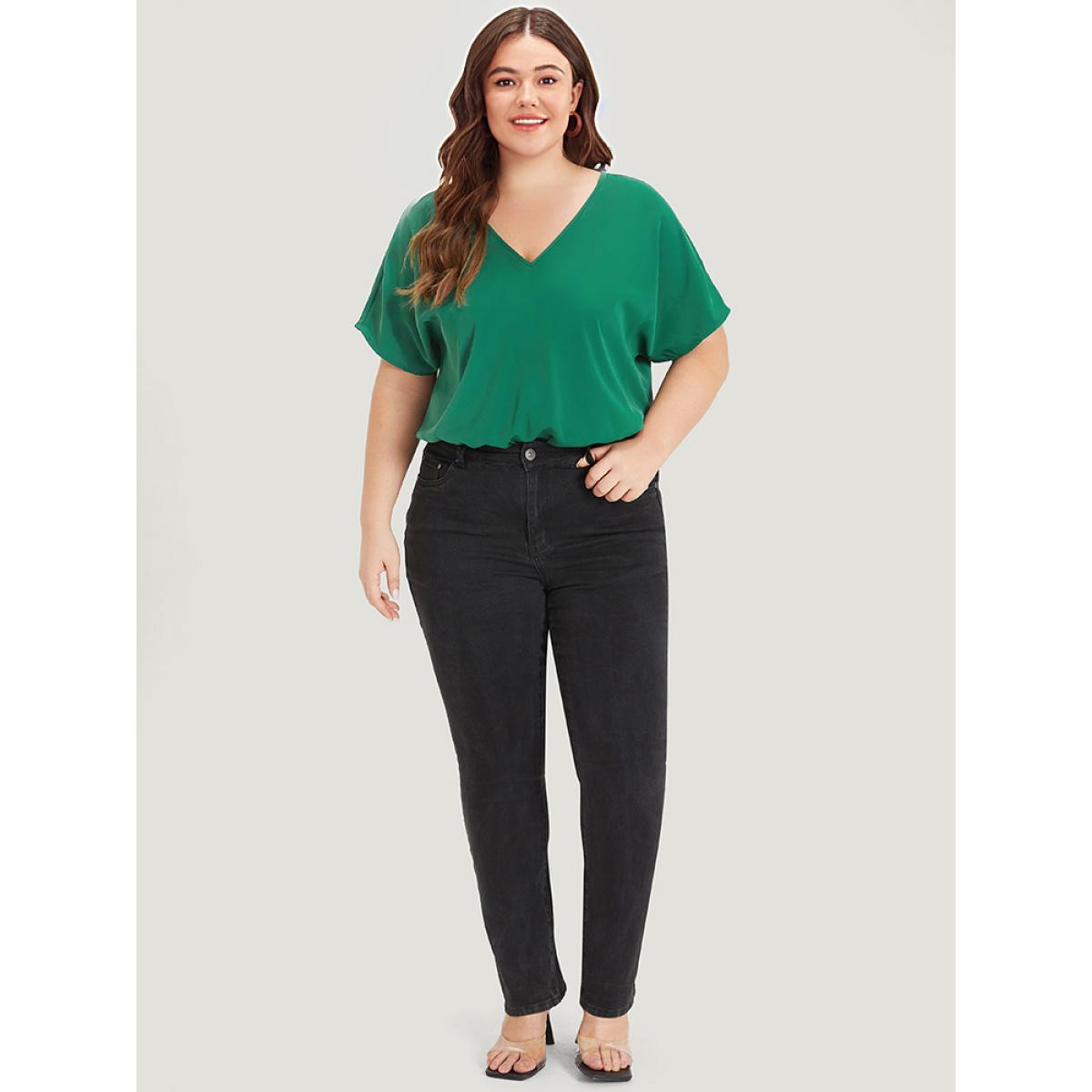 Plus Size Solid V Neck Dolman Sleeve Cut Out Bodysuit Women DarkGreen Plain Plain Bodysuits BloomChic 14-16/1X Product Image