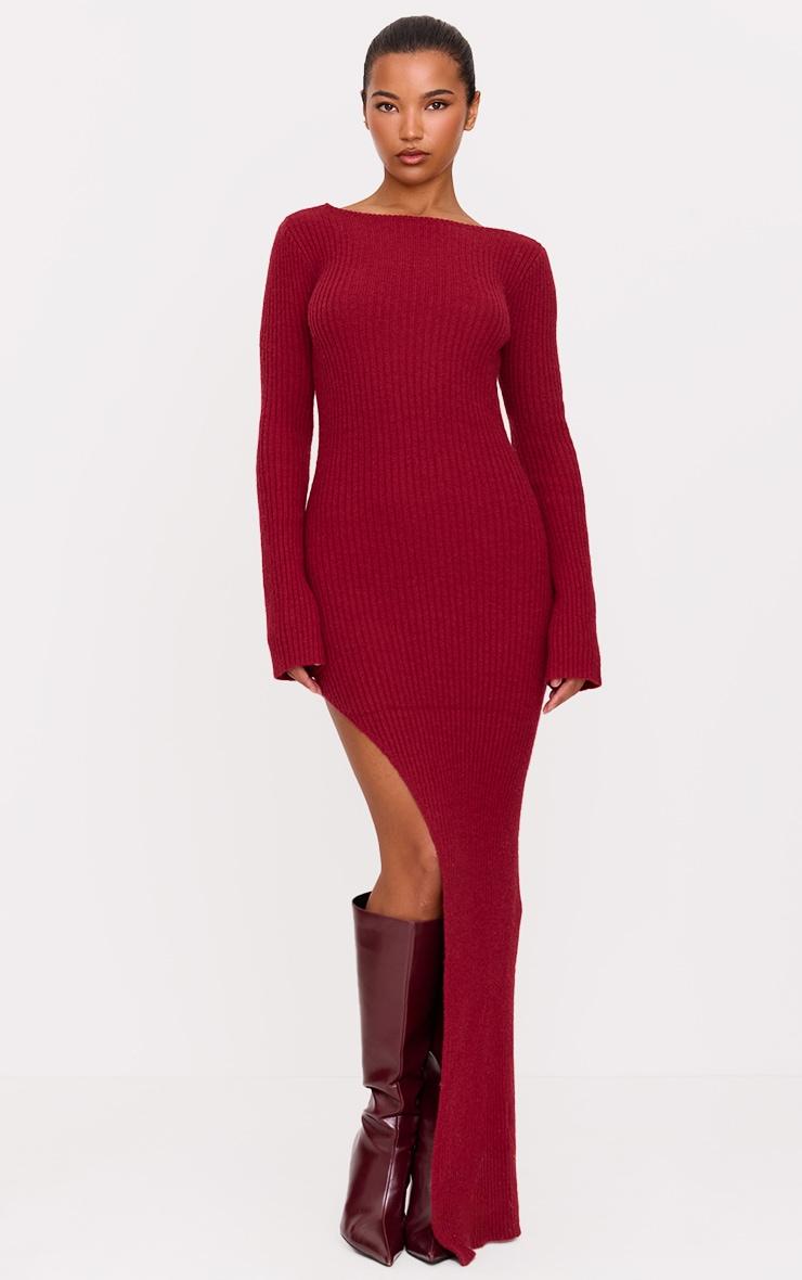 Burgundy Rib Knit Low Back Long Sleeve Maxi Dress Product Image