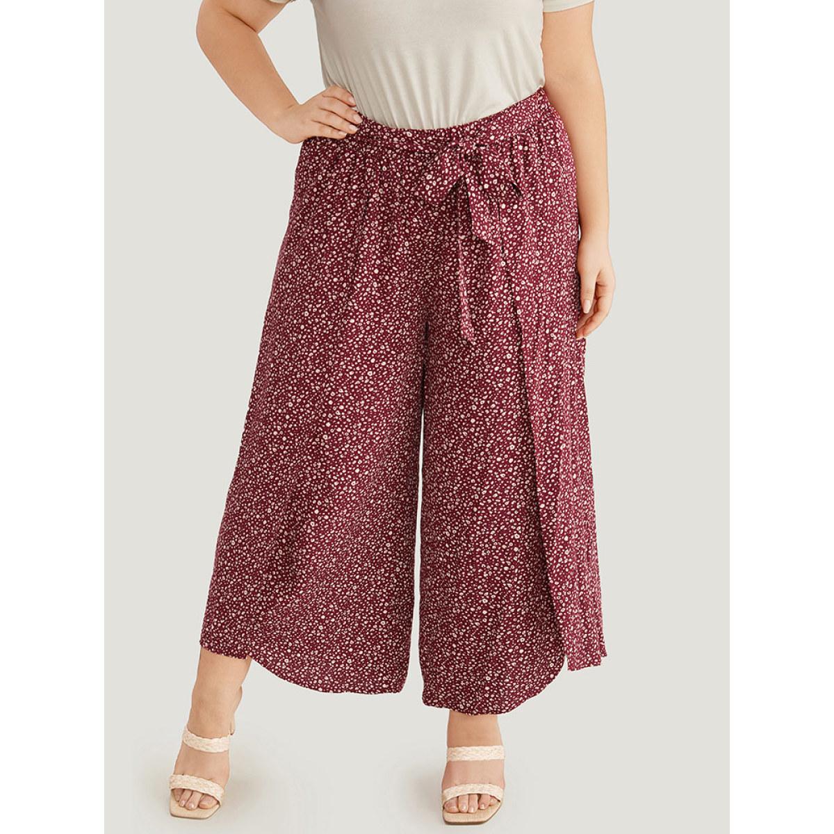Plus Size Leopard Print Ties Wrap Hem Wide Leg Pants Women Burgundy Vacation Wide Leg High Rise Dailywear Pants BloomChic 28/5X Product Image