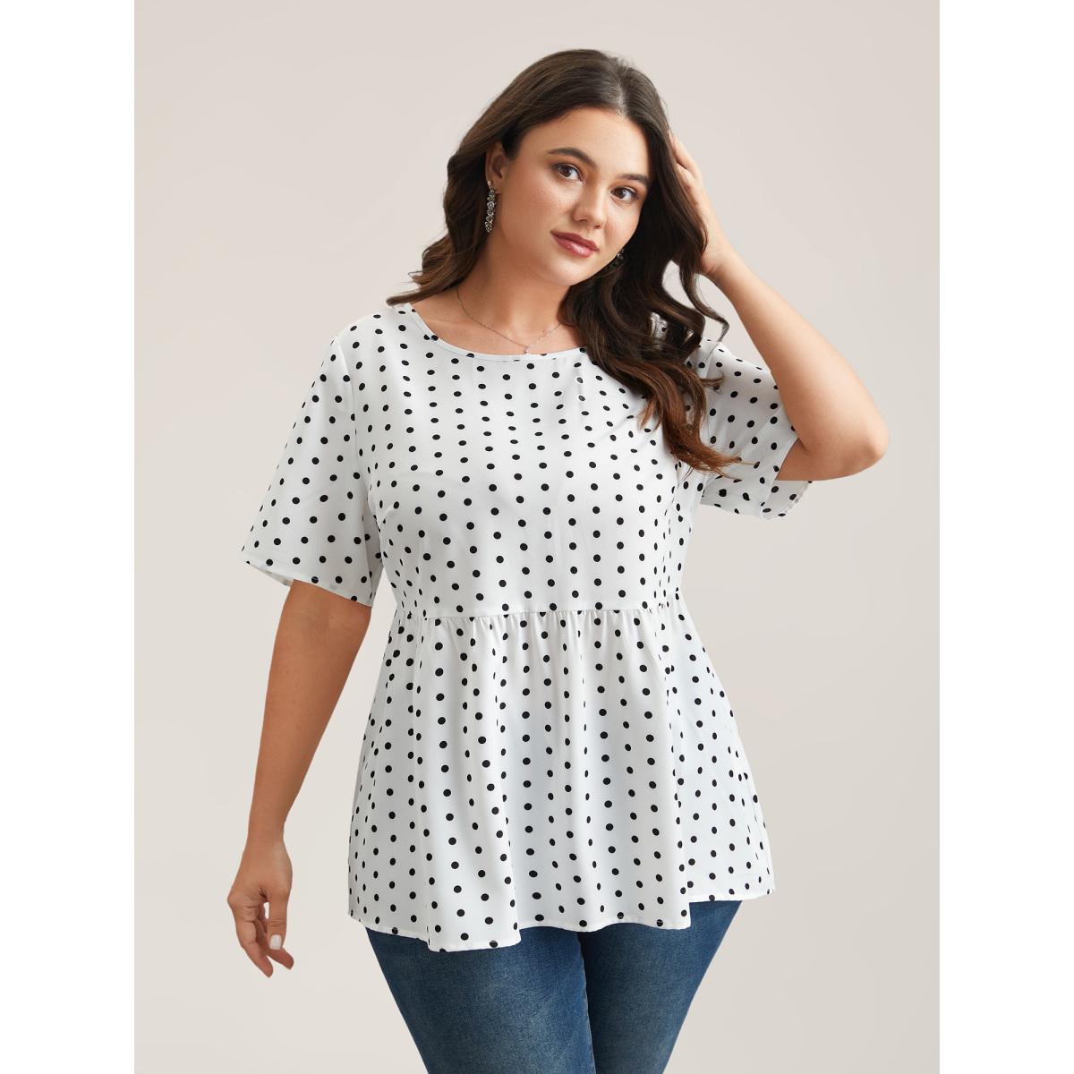 Plus Size Originalwhite Polka Dot Button-Back Flared Shirt Women Retro Short sleeve Round Neck Elegant Blouses BloomChic 30/6X Product Image