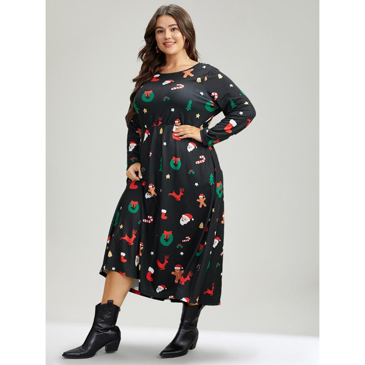 Plus Size Christmas Print Pocket Elastic Waist Dress Multicolor Women Casual Printed Round Neck Long Sleeve Curvy Midi Dress BloomChic 22-24/3X Product Image