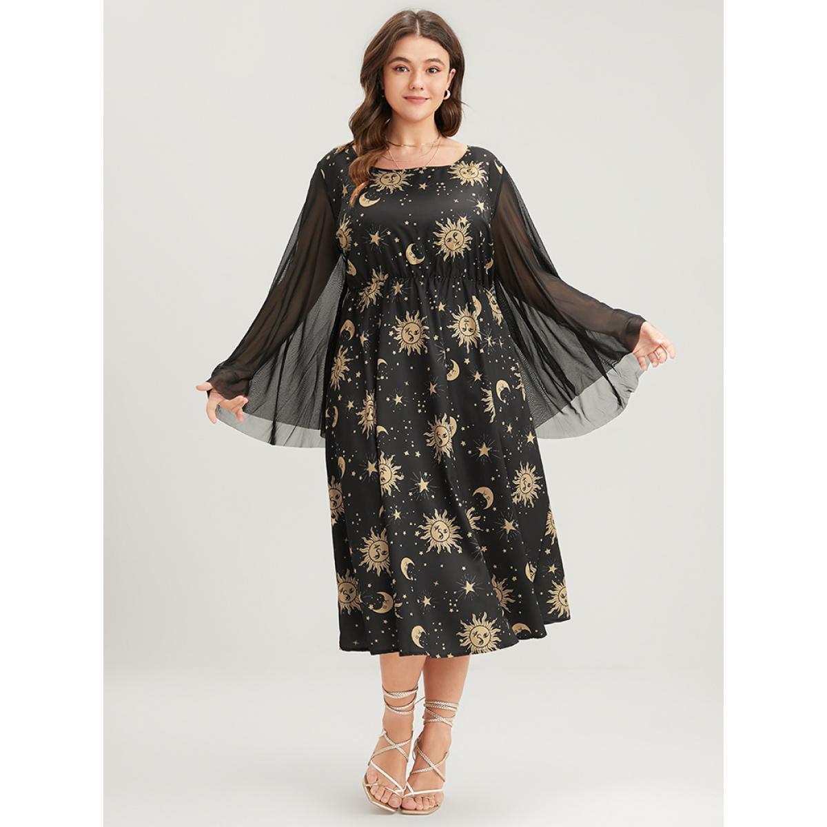 Plus Size Halloween Moon And Star Bell Sleeve Pocket Crew Neck Midi Dress Black Women Elegant Patchwork Round Neck Long Sleeve Curvy Midi Dress BloomChic 26/4X Product Image