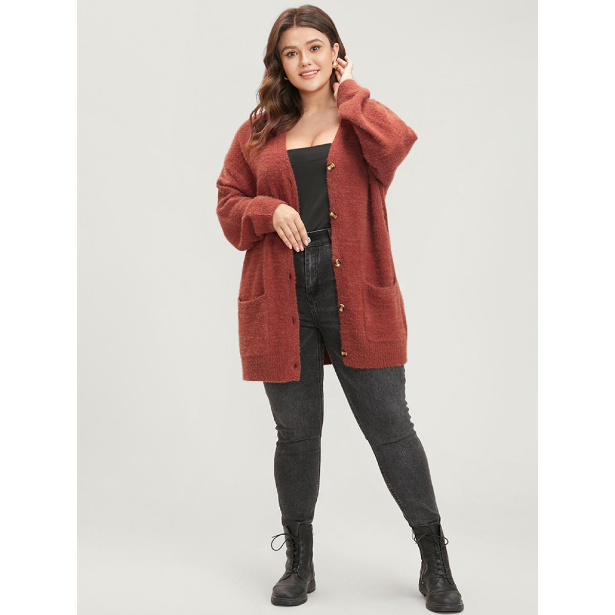 Plus Size Solid Pointelle Knit Pocket Button Front Heather Cardigan Maroon Women Casual Loose Long Sleeve Dailywear Cardigans BloomChic 18-20/2X Product Image