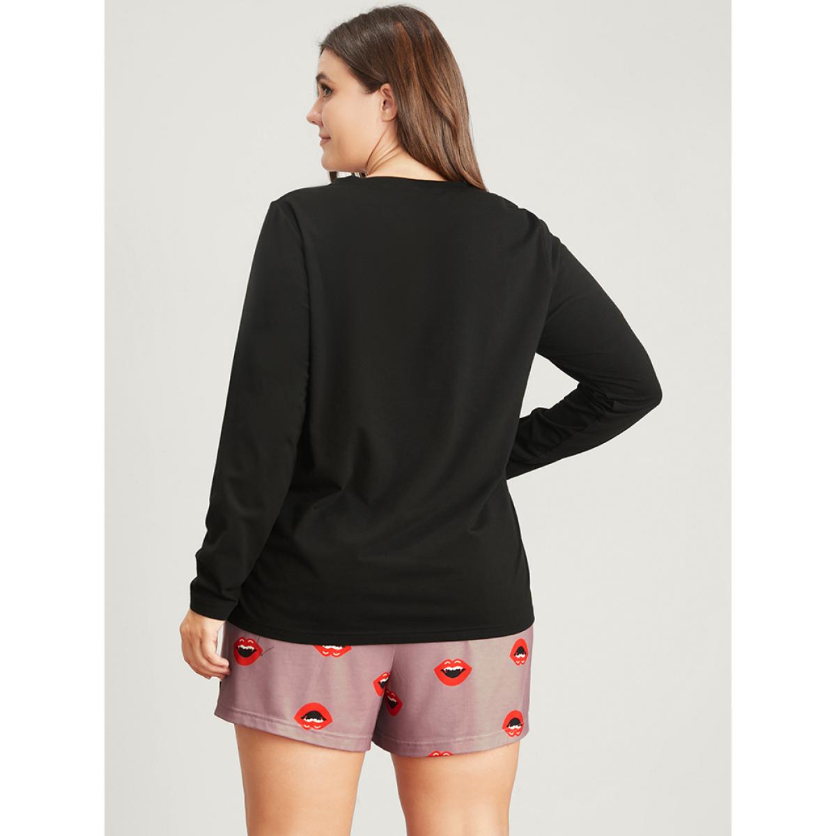 Plus Size Halloween Lip Print Pajama Set Women Black Graphic-Halloween Printed Long Sleeve Round Neck Casual Loungewear Sets BloomChic 10/M Product Image