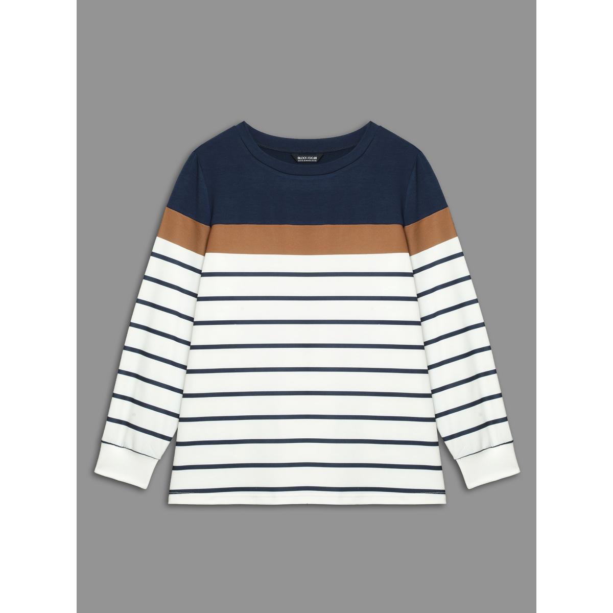 Plus Size Striped Contrast Round Neck Sweatshirt Women Midnight Casual Contrast Loose Round Neck Everyday Sweatshirts BloomChic 10/M Product Image