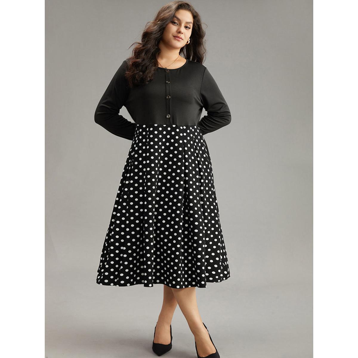 Plus Size Polka Dot Pocket Button Up Patchwork Dress Black Women Office Contrast Round Neck Long Sleeve Curvy Midi Dress BloomChic 12/L Product Image