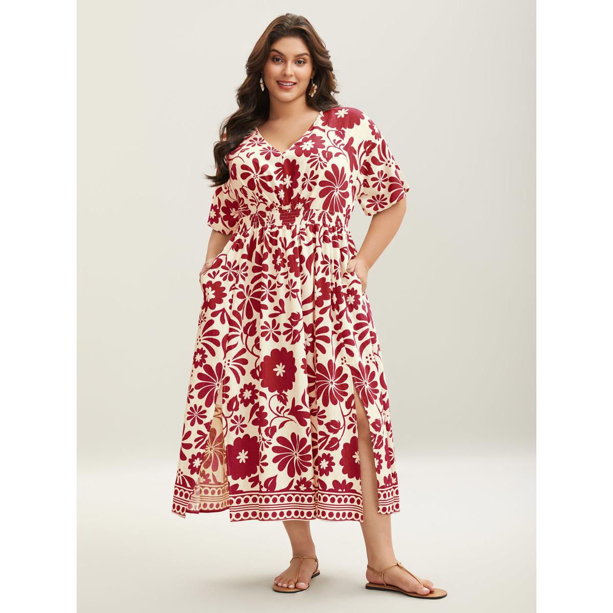 Plus Size Large Floral Print Pockets Midi Dress Burgundy Women Slit V-neck Short sleeve Curvy BloomChic 18-20/2X Product Image