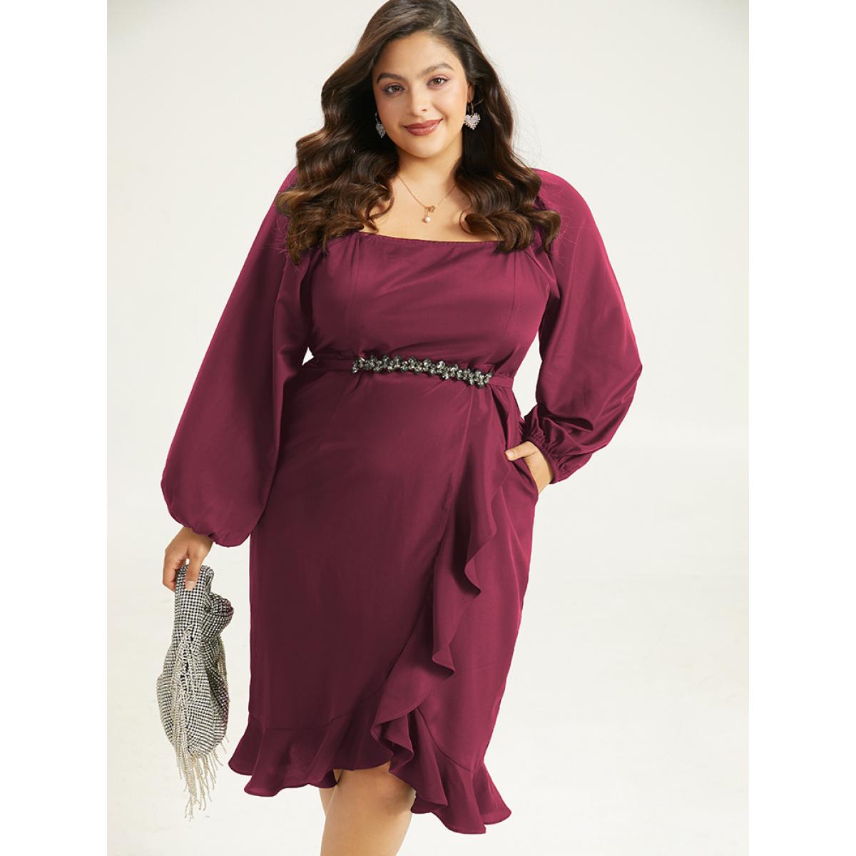 Plus Size Anti-Wrinkle Square Neck Ruffle Trim Wrap Hem Dress Burgundy Women Glamour Elastic cuffs Square Neck Long Sleeve Curvy Midi Dress BloomChic 22-24/3X Product Image