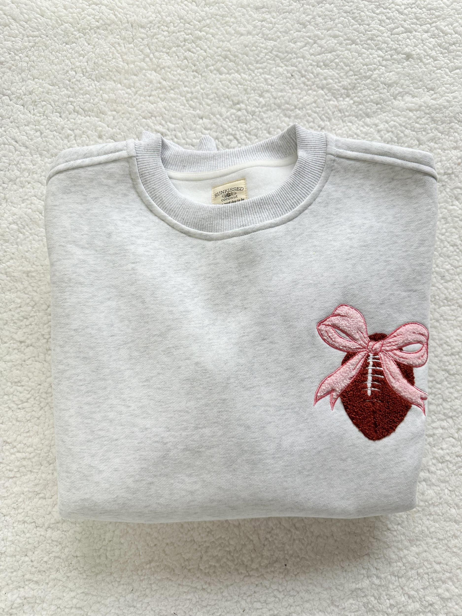 Pearl Grey Pink Bow Football Game Day Embroider Sweatshirt Product Image