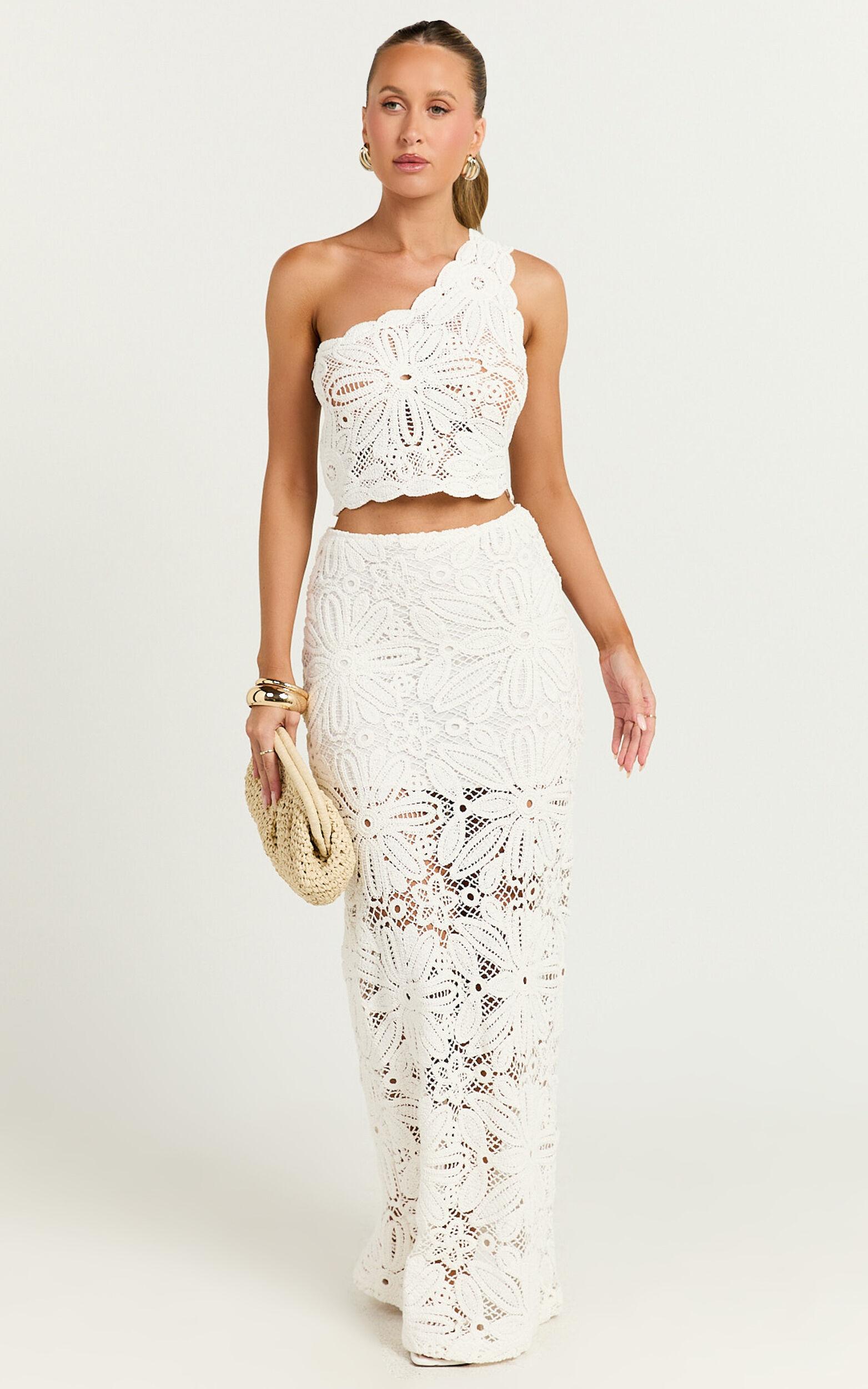 Charlene Maxi Skirt - Crochet Fit And Flare Skirt in White Product Image