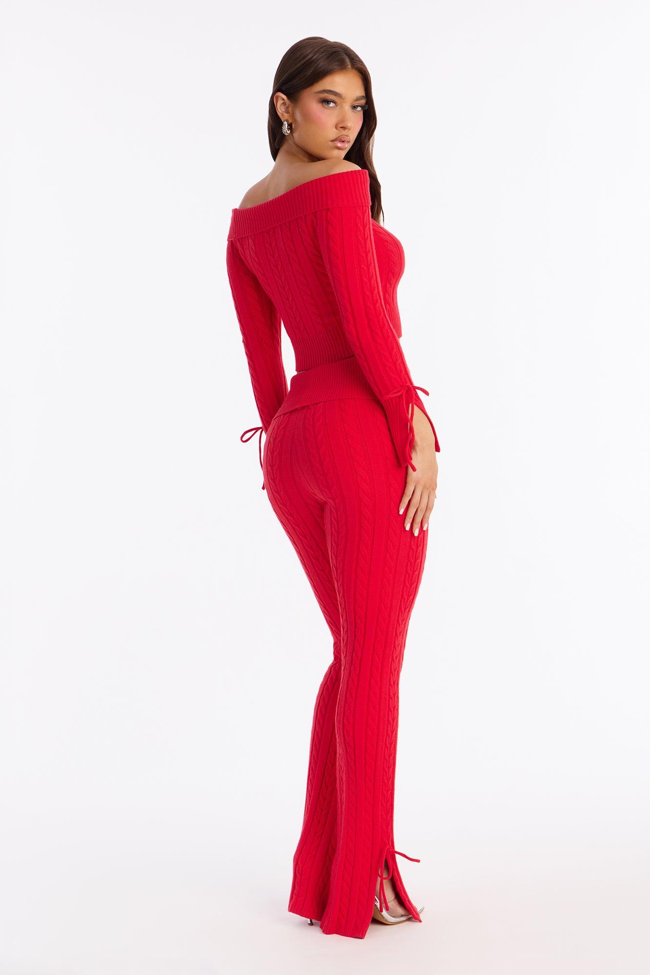 Mikayla Off Shoulder Sweater Pant Set - Red Female Product Image