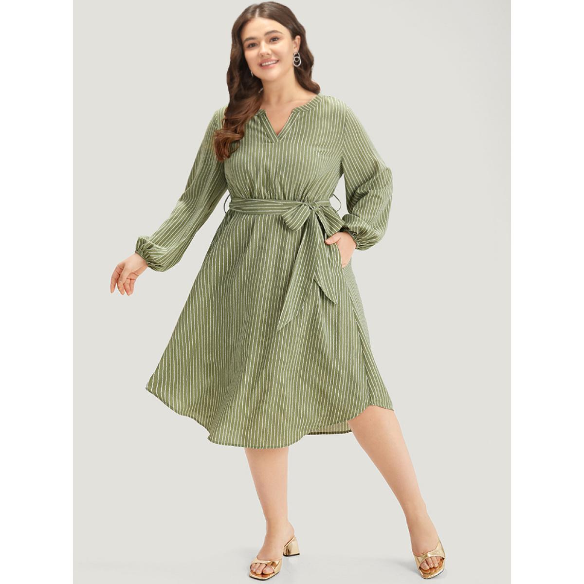 Plus Size Striped Notched Belted Lantern Sleeve Dress Sage Women Work From Home Elastic cuffs Notched collar Long Sleeve Curvy Midi Dress BloomChic 14-16/1X Product Image