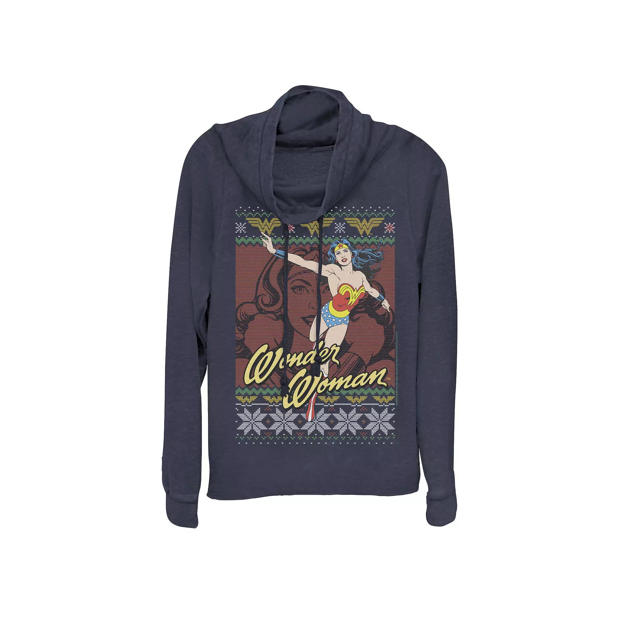 Juniors' DC Comics Wonder Woman Action Pose Christmas Cowlneck Graphic Lightweight Long Sleeve, Girl's,  Product Image