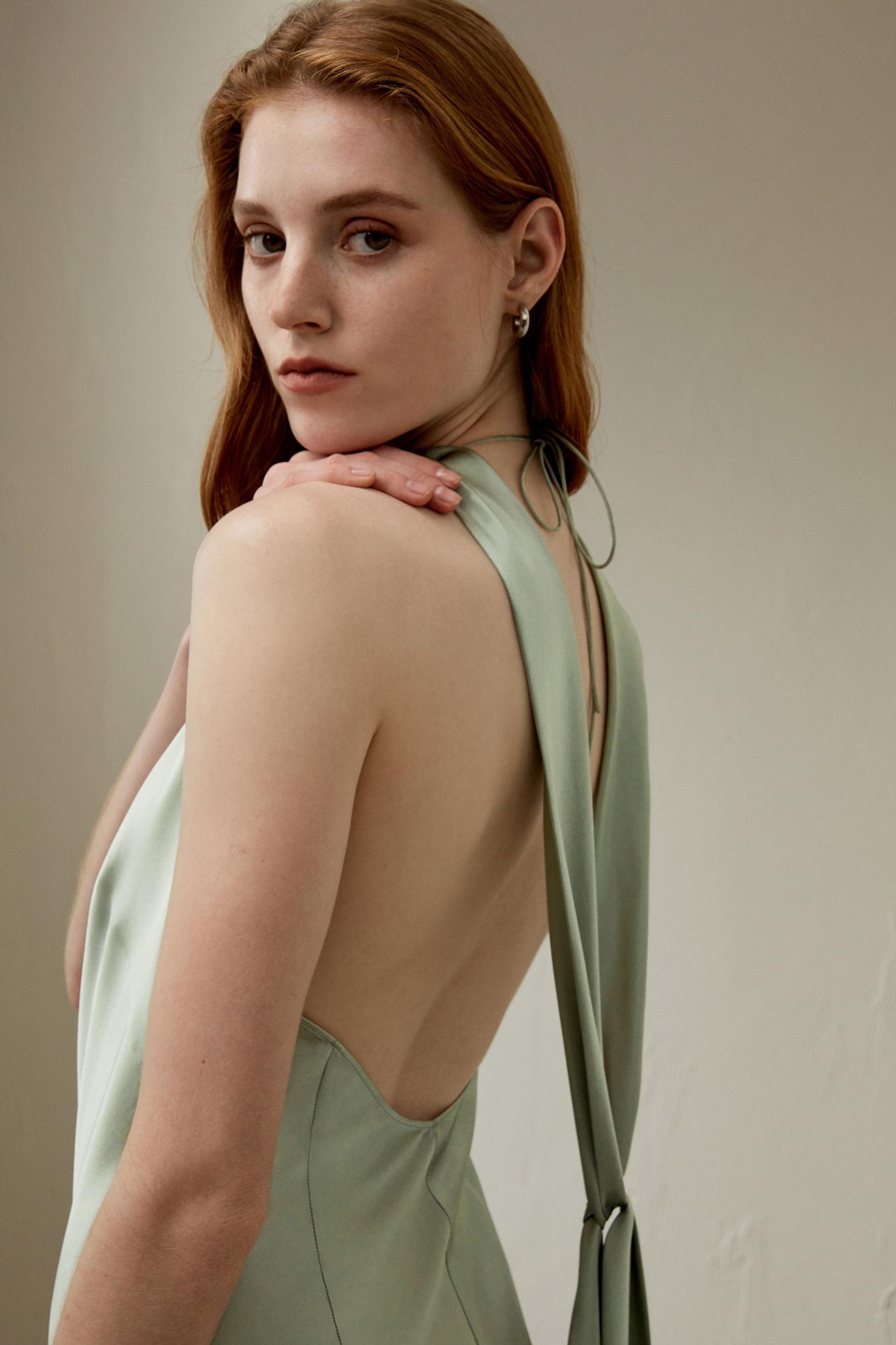 LILYSILK Women's Silk Charmeuse Elegant Halter Neck Open Back Dress Aqua Green 0 Product Image