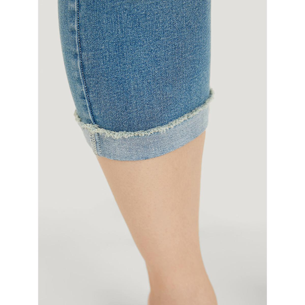 Plus Size Very Stretchy High Rise Medium Wash Roll Hem Cropped Jeans Women Cerulean Casual Plain High stretch Pocket Jeans BloomChic 24/3X Product Image