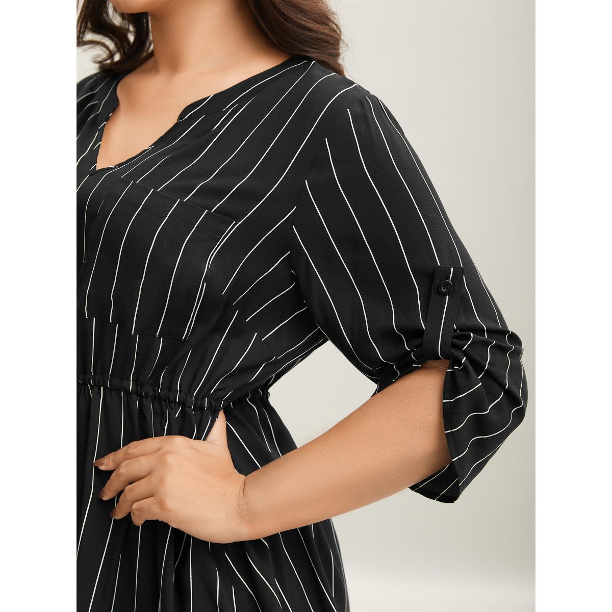 Plus Size Black Striped Waist-Tie Pockets Blouse Women Office Elbow-length sleeve Notched collar Office Blouses BloomChic 22-24/3X Product Image