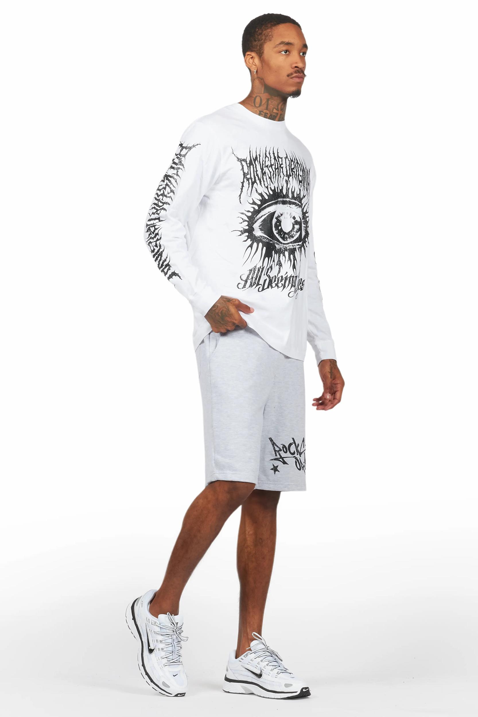 All Seeing Eyes White/Grey Long Sleeve T-Shirt Short Set Male Product Image