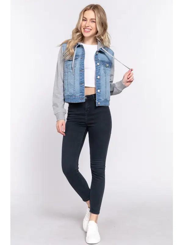 Long Sleeve Contrast Terry Sleeve with Hoodie Denim Jacket Product Image