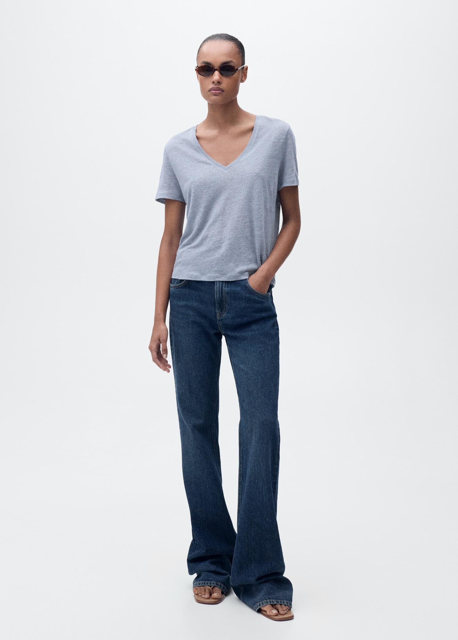 V-neck linen t-shirt - Women | MANGO USA Product Image
