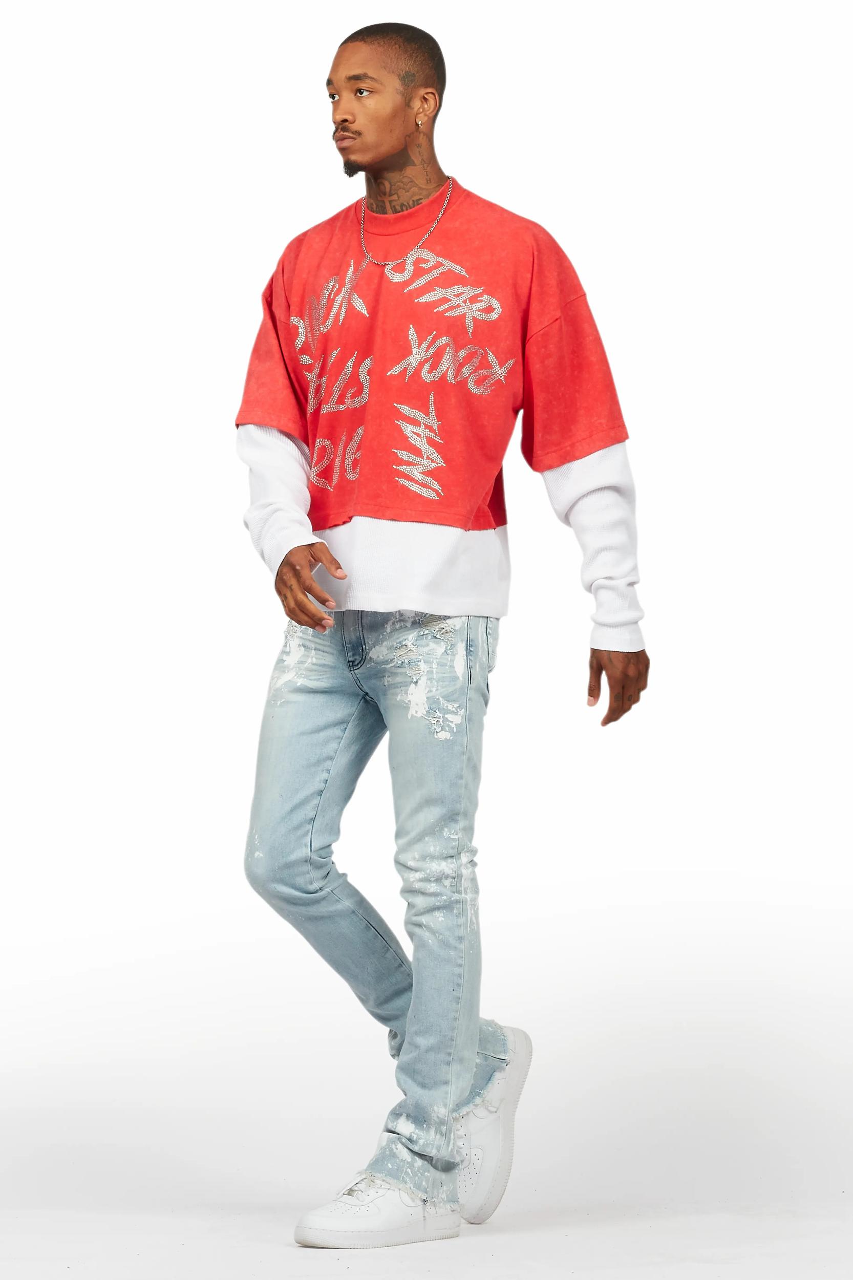 Bence Vintage Red Thermal Double Layer Boxy Crop T-Shirt Male Product Image