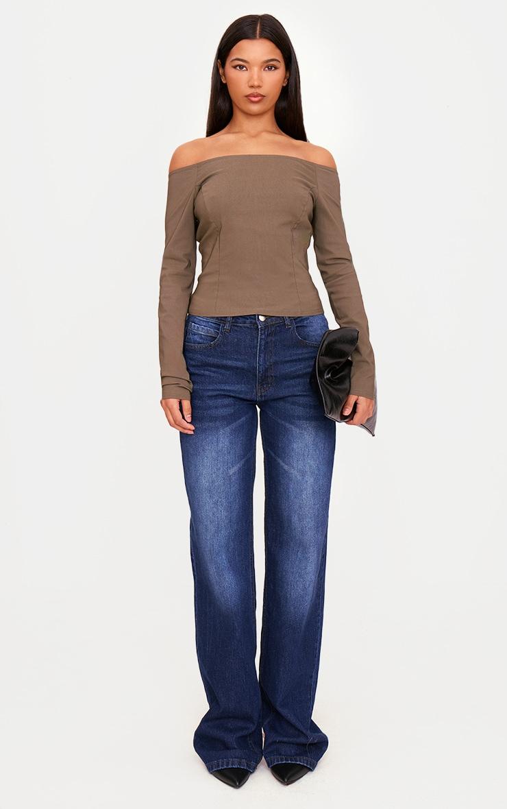 Khaki Bengaline Boatneck Long Sleeve Top Product Image