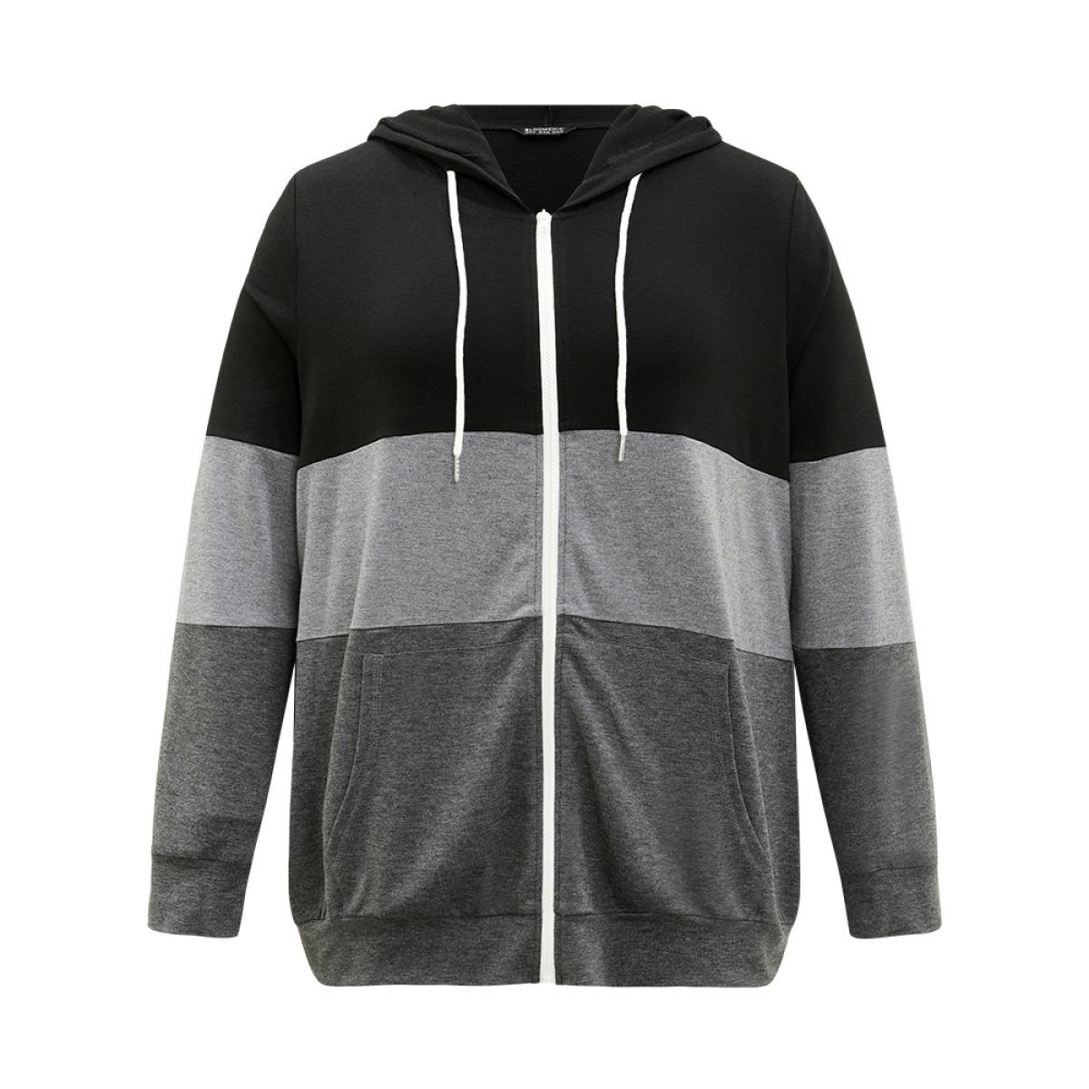 Plus Size Colorblock Contrast Drawstring Zipper Hooded Sweatshirt Women Multicolor Casual Contrast Hooded Everyday Sweatshirts BloomChic 10/M Product Image