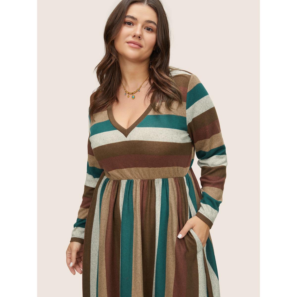 Plus Size Contrast Striped Pocket V Neck Dress Multicolor Women Casual Non V-neck Long Sleeve Curvy Knee Dress BloomChic 14-16/1X Product Image