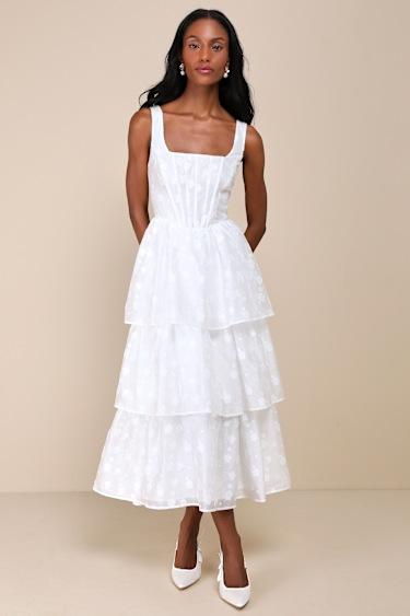Sweet Potential White Floral Burnout Tiered Midi Dress Product Image