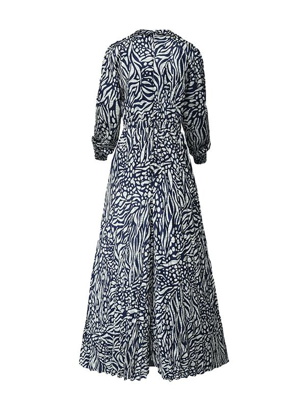 Loose Puff Sleeves Pleated Printed Split-Joint Deep V-Neck Jumpsuits Product Image