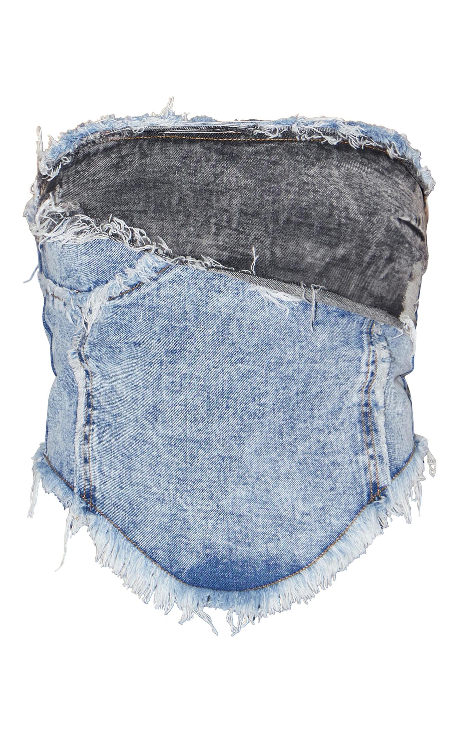 Mid Blue Acid Wash Layered Raw Hem Bandeau Denim Top Product Image