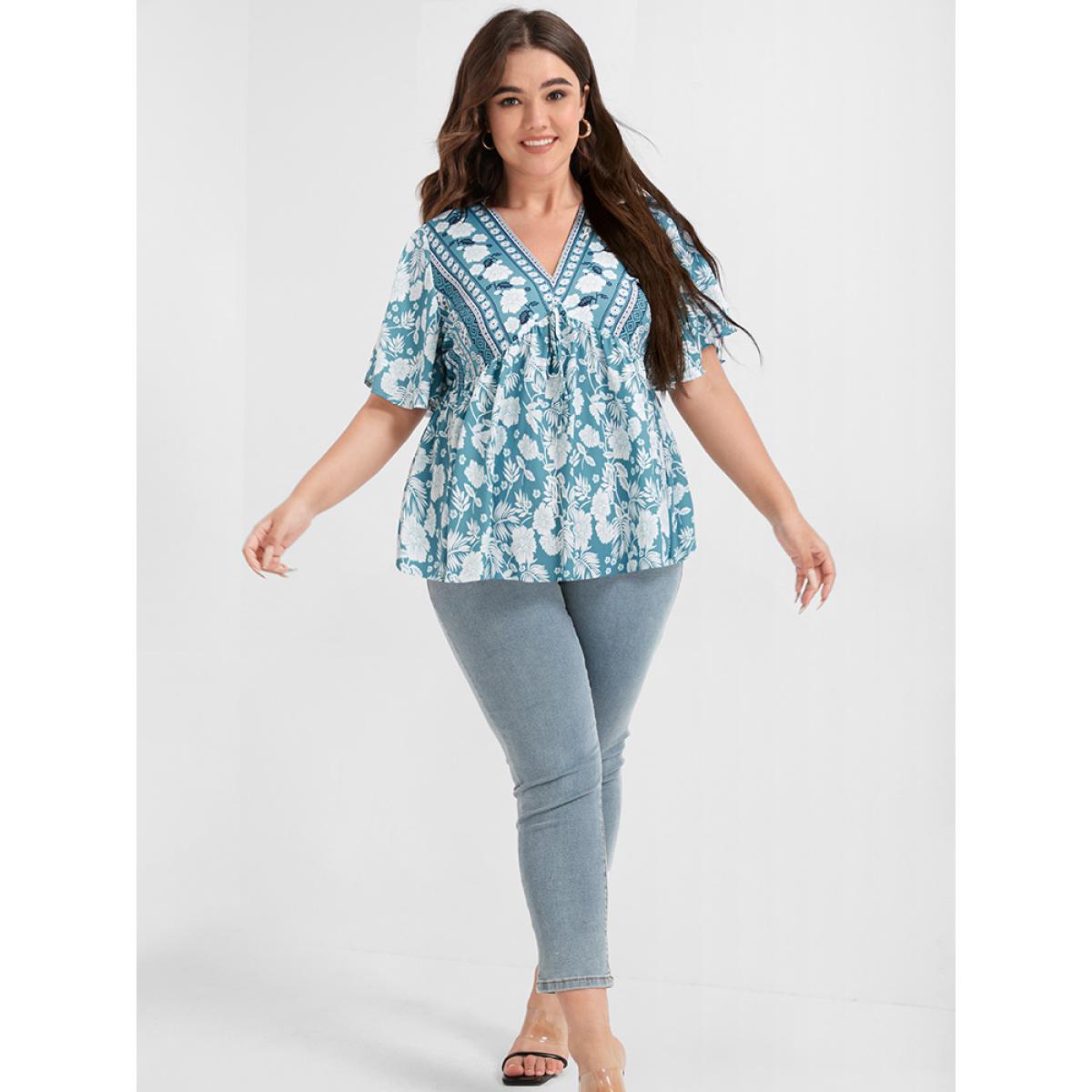 Plus Size LightBlue Floral Print Ties Ruffled Babydoll V Neck Blouse Women Vacation Short sleeve V-neck Dailywear Blouses BloomChic 22-24/3X Product Image