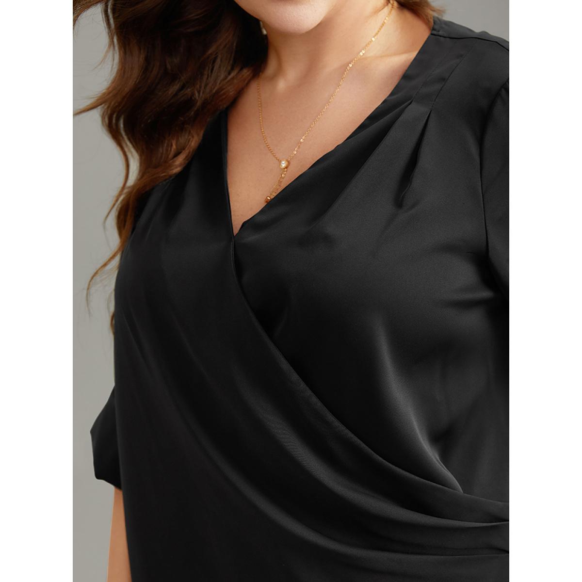 Plus Size Black Plain Tab Sleeve Wrap Pleated Blouse Women Work From Home Long Sleeve V-neck Office Blouses BloomChic 26/4X Product Image
