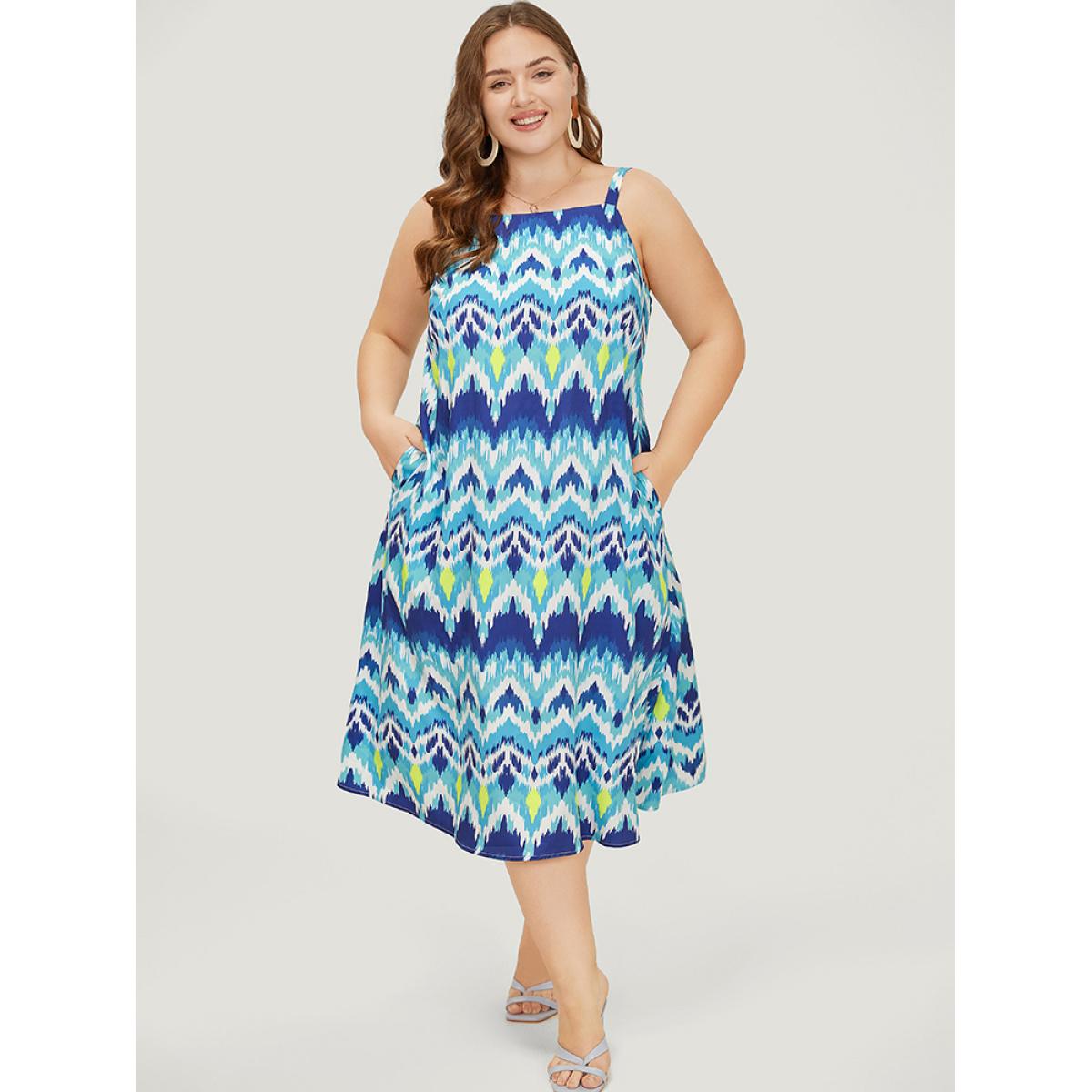 Plus Size Bandana Geometric Ruffles Hem Pocket Spaghetti Strap Dress LightBlue Women Vacation Spaghetti Strap Sleeveless Curvy Midi Dress BloomChic 28/5X Product Image