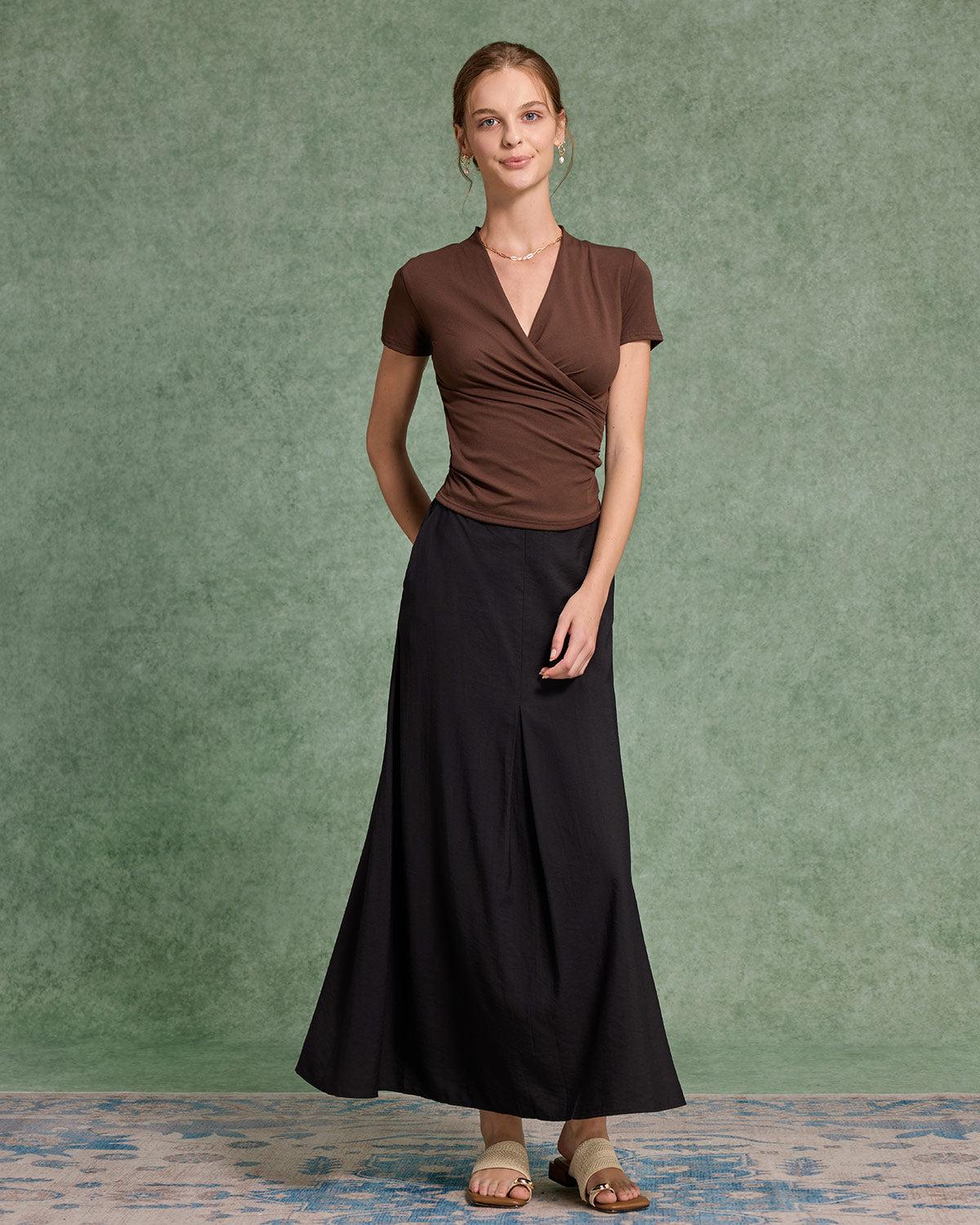 Brown Ruched Slim Knit Tee Product Image