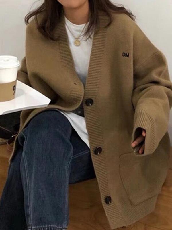 Solid Color V Neck Loose Cardigan Product Image