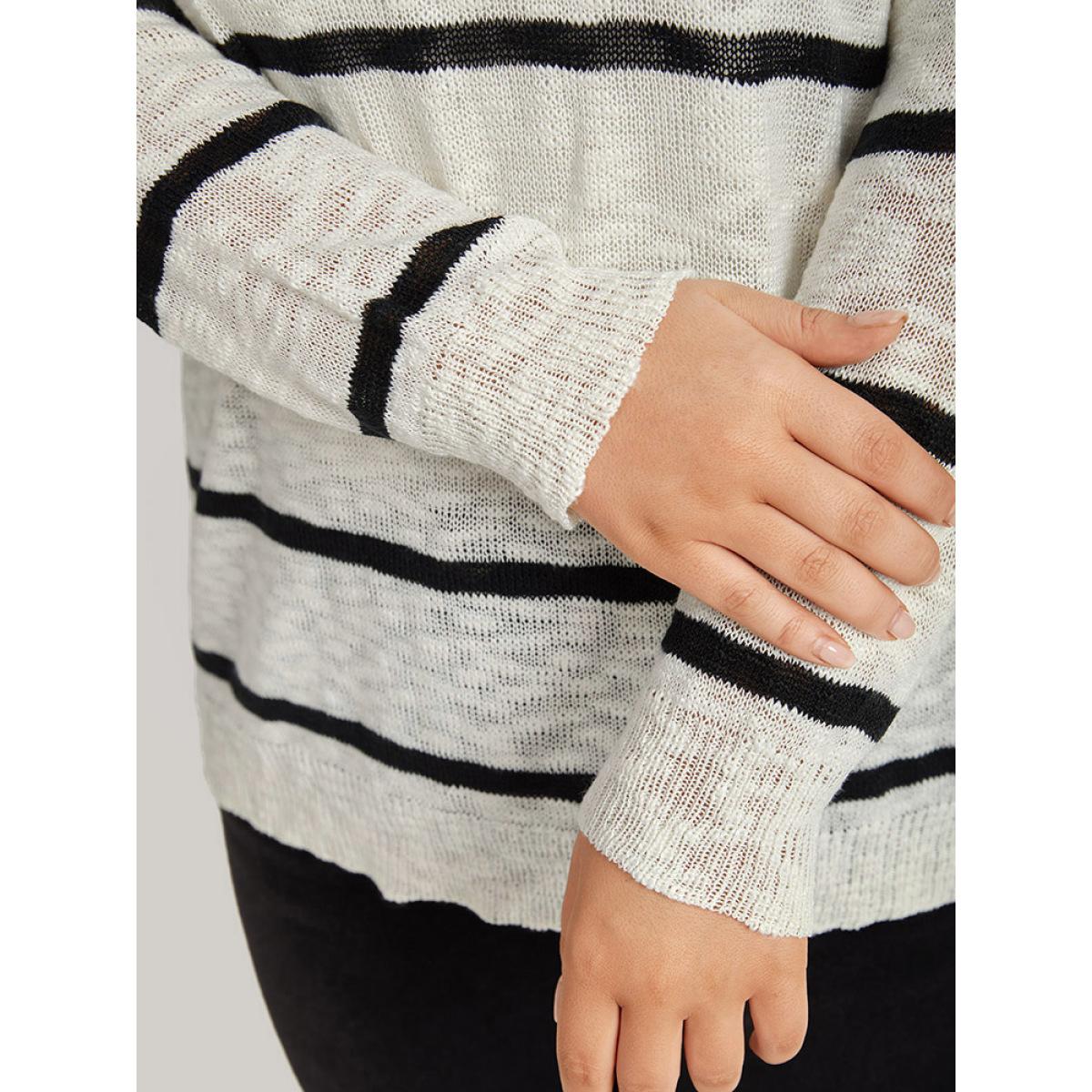 Plus Size Striped Drop Shoulder Lightweight Loose Pullover Beige Women Casual Loose Long Sleeve Round Neck Everyday Pullovers BloomChic 14-16/1X Product Image