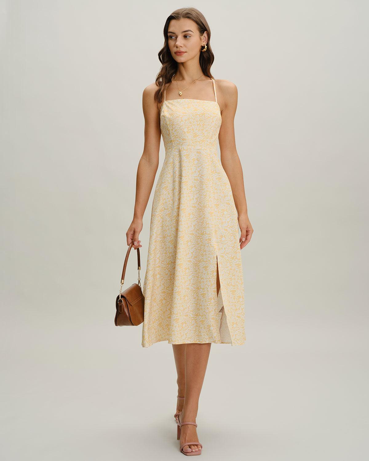 Yellow Floral Backless Slip Midi Dress Product Image