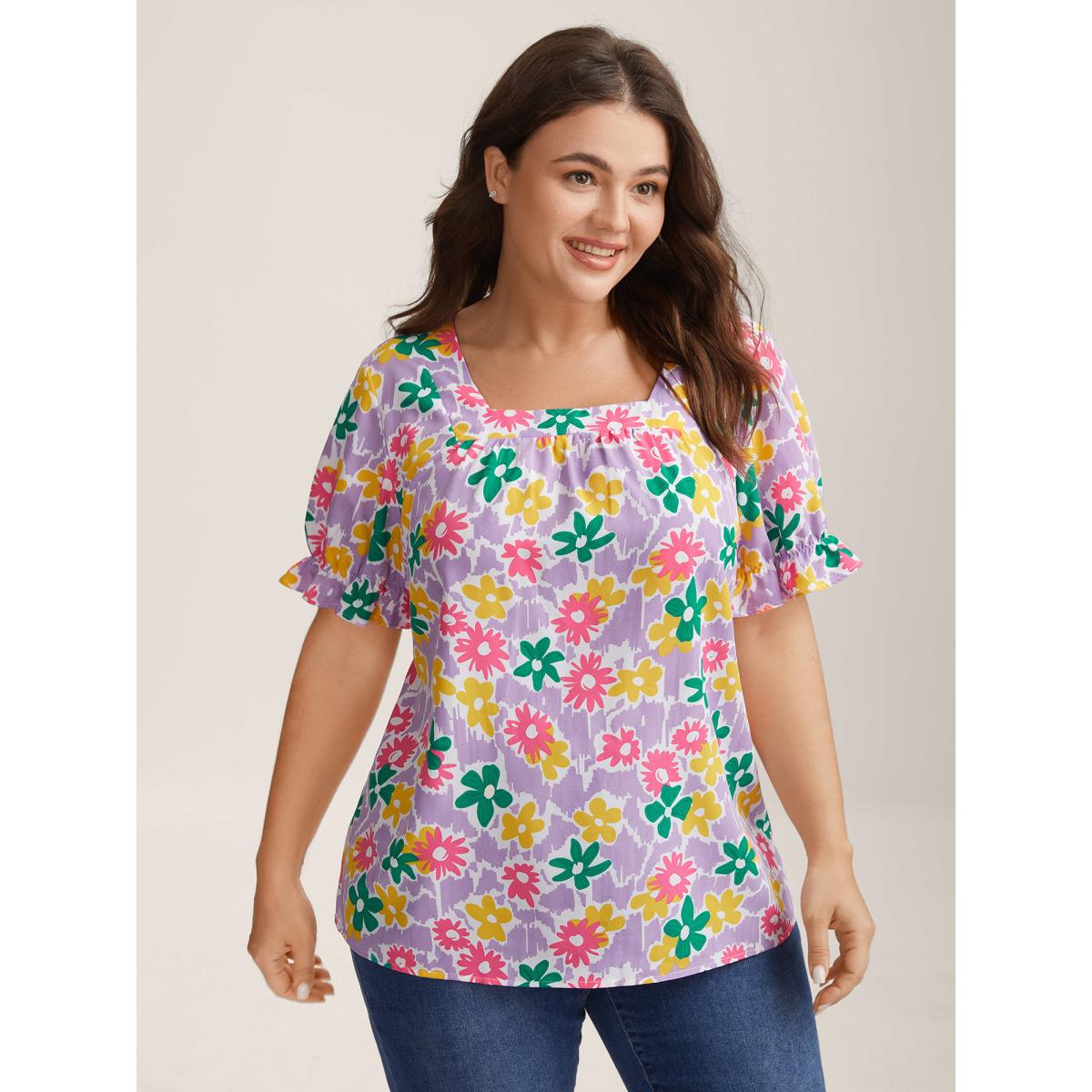 Plus Size Lilac Rainbow Floral Print Pleated Blouse Women Short sleeve Square Neck Casual Blouses BloomChic 28/5X Product Image