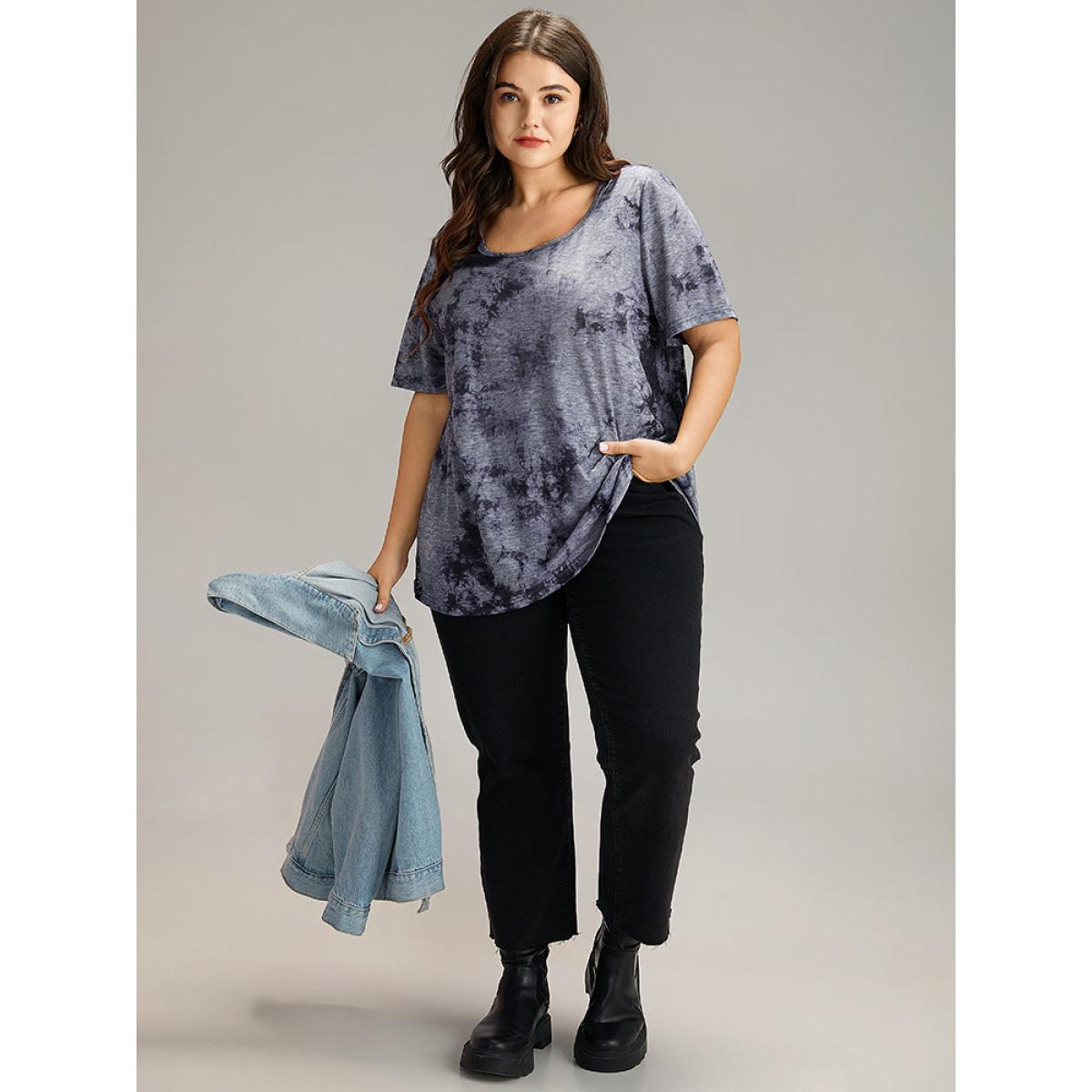 Plus Size Tie Dye Square Neck T-shirt Multicolor Women Casual Tie Dye Tie Dye Square Neck Dailywear T-shirts BloomChic 12/L Product Image