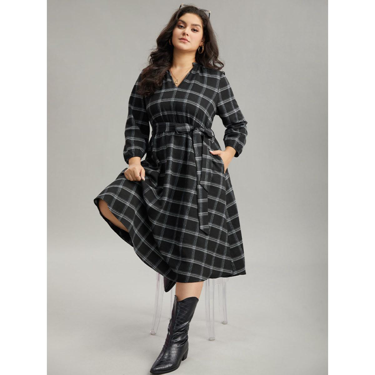 Plus Size Plaid Notched Elastic Waist Belted Dress Black Women Casual Elastic cuffs Notched collar Elbow-length sleeve Curvy Midi Dress BloomChic 14-16/1X Product Image